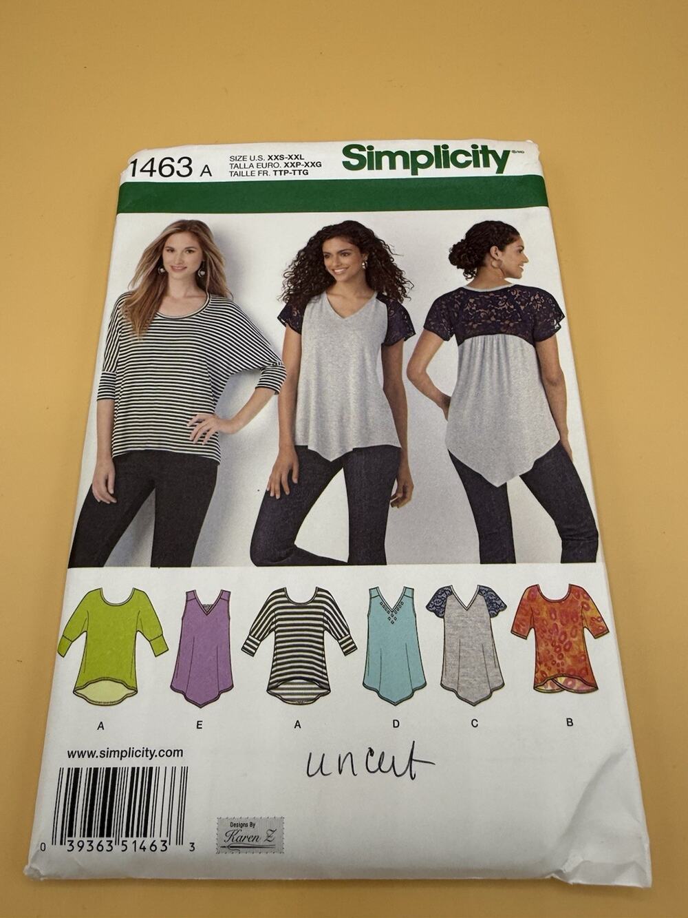 Simplicity 1463 Uncut Knit Tops Sewing Pattern XXS-XXL Karen Z Tunic Top